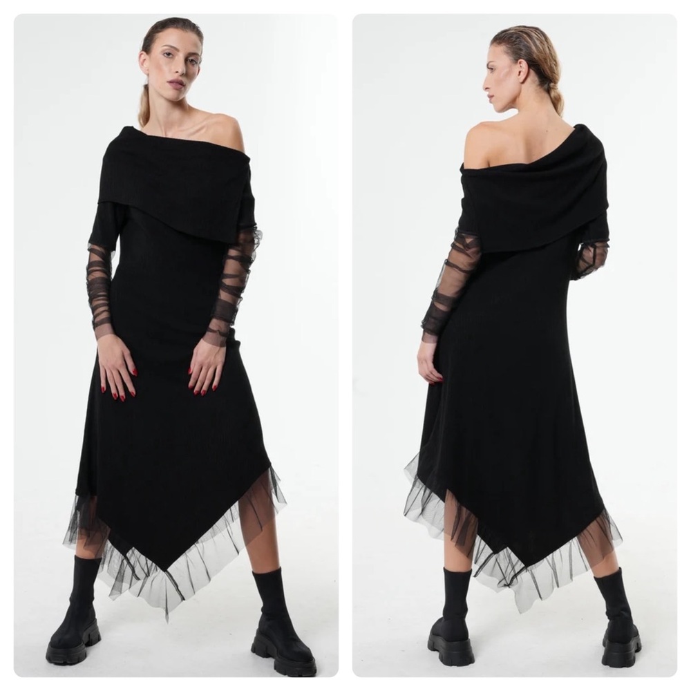 NWT Metamorphoza Extravagant Mesh Black Knit Dress Women’s Large Lagenlook